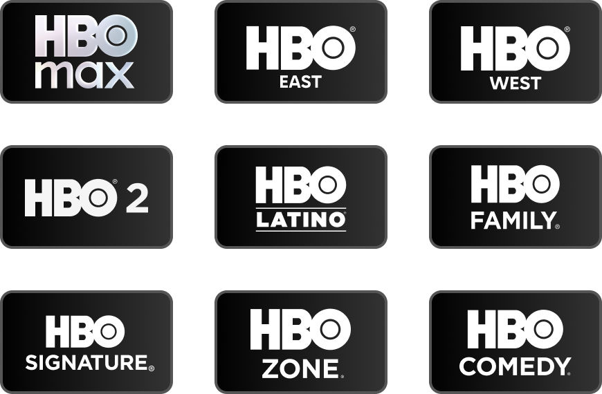 HBO Max, HBO East, HBO West, HBO 2, HBO Latino, HBO Family, HBO Signature, HBO Zone, HBO Comedy logos