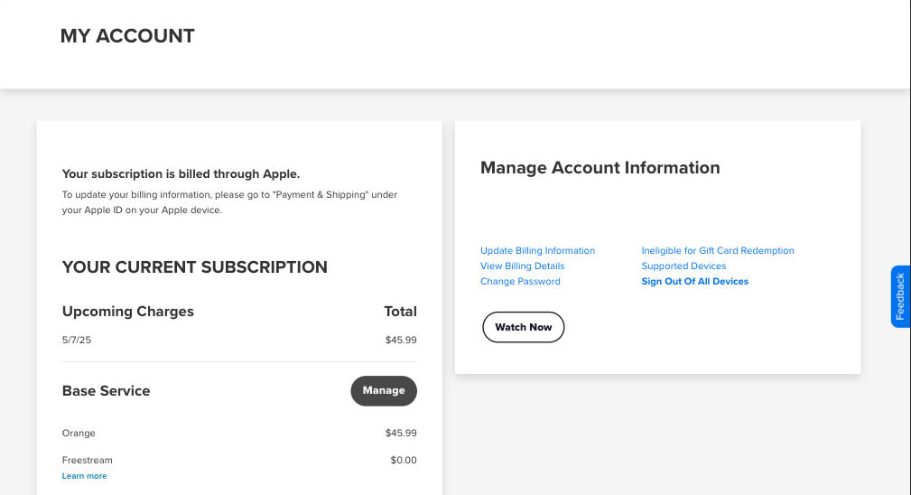 Sling TV 'My Account' User Dashboard