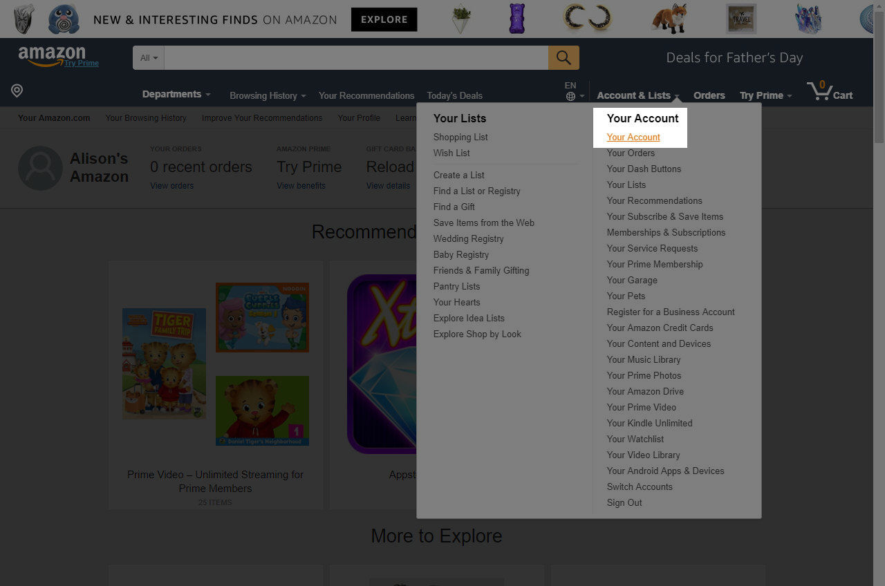 Amazon home screen my account option