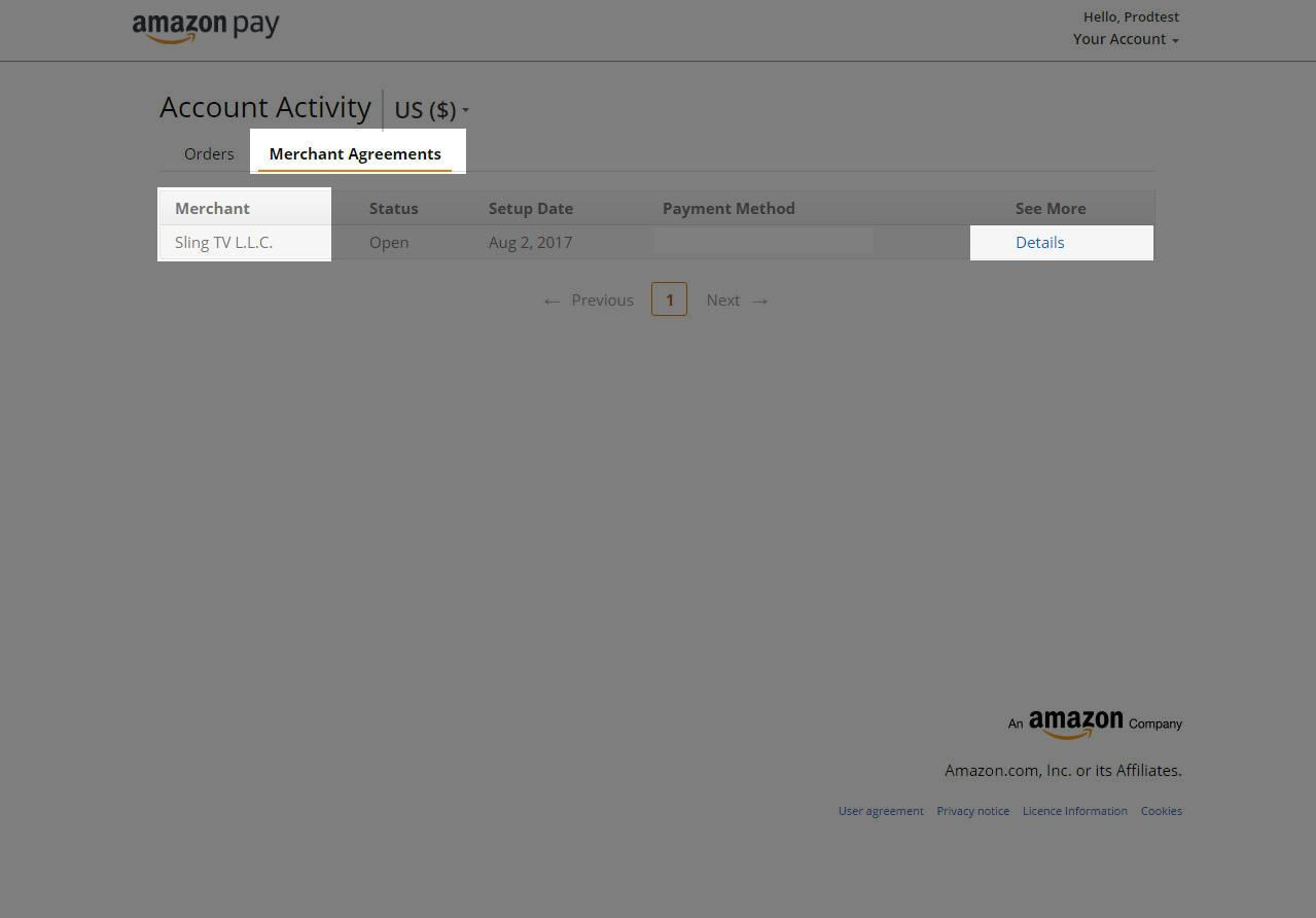 Amazon Pay account activity screen