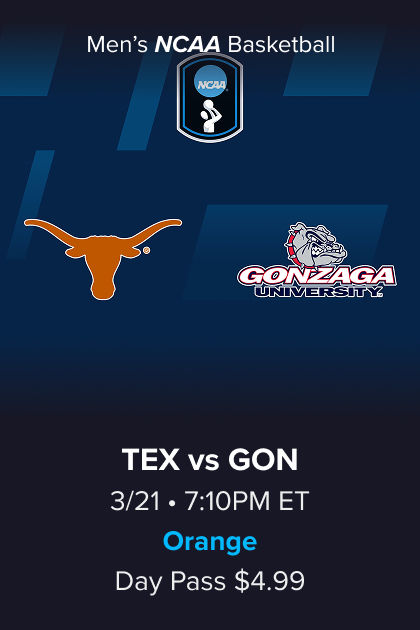 Women's NCAA Basketball, (11) Texas vs (3) Gonzaga, 3/21 7:10PM ET, Orange Day Pass $4.99