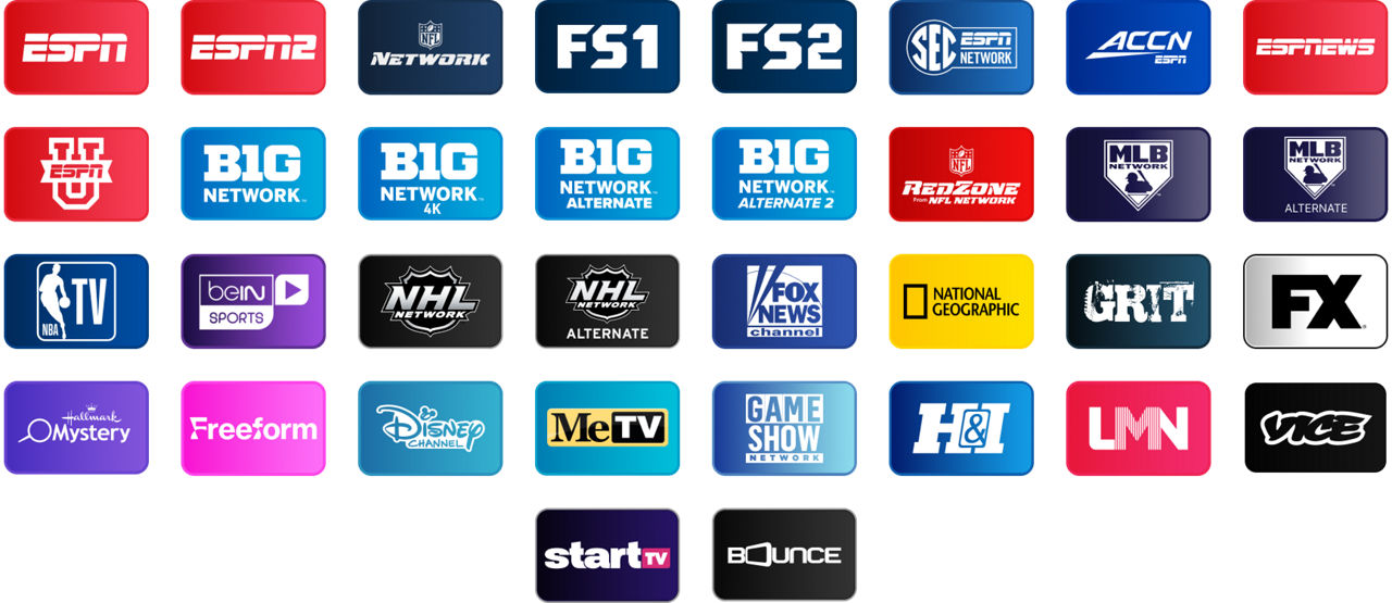Sling channel lineup: ESPN, ESPN2, NFL Network, FS1, FS2, SEC Network, ACCN, ESPNEWS, ESPNU, Big Ten Network, BTN 4K, BTN Alt, BTN Alt 2, NFL RedZone, MLB Network, MLB Alt, NBA TV, beIN SPORTS, NHL Network, NHL Alt, Fox News, Nat Geo, Grit, FX, Hallmark Mystery, Freeform, Disney Channel, MeTV, Game Show Network, H&I, LMN, Vice, Start TV, Bounce.
