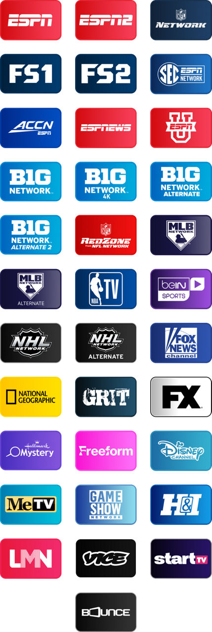 Sling channel lineup: ESPN, ESPN2, NFL Network, FS1, FS2, SEC Network, ACCN, ESPNEWS, ESPNU, Big Ten Network, BTN 4K, BTN Alt, BTN Alt 2, NFL RedZone, MLB Network, MLB Alt, NBA TV, beIN SPORTS, NHL Network, NHL Alt, Fox News, Nat Geo, Grit, FX, Hallmark Mystery, Freeform, Disney Channel, MeTV, Game Show Network, H&I, LMN, Vice, Start TV, Bounce.