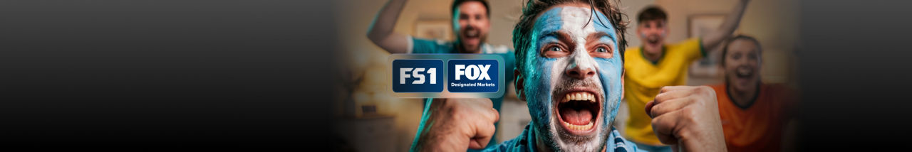 FIFA Men's World Cup on FS1 and FOX featuring cheering soccer fans with painted faces.