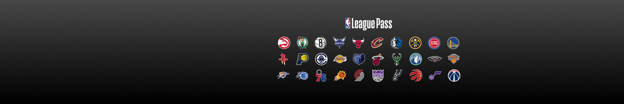 NBA League Pass banner with logos for all 30 NBA teams displayed across a dark background