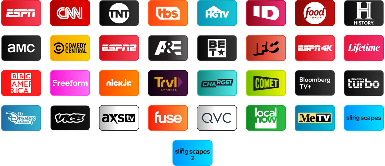 ESPN, CNN, TNT, TBS, HGTV, Investigation Discovery, Food Network, History Channel, AMC, Comedy Central, ESPN2, A&E, BET, IFC, ESPN4K, Lifetime, BBC America, Freeform, Nick Jr., Travel Channel, Charge!, Comet, Bloomberg TV+, Discovery Turbo, Disney Channel, Vice, AXS TV, Fuse, QVC, Local Now, MeTV, Slingscapes, Slingscapes 2