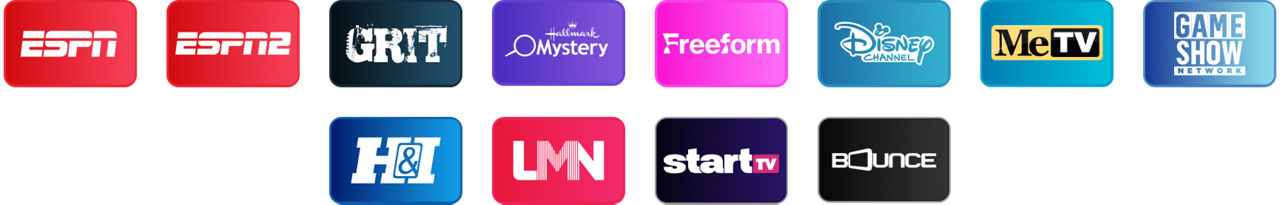 ESPN, ESPN2, Grit, Hallmark Mystery, Freeform, Disney Channel, MeTV, Game Show Network, Heroes & Icons, LMN, StartTV, and Bounce.