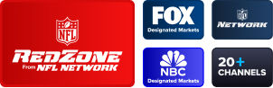 NFL RedZone from NFL Network banner alongside FOX and NBC Designated Markets logos, NFL Network, and 20+ channels available tile