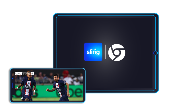 Image of beIN channel screenshot on a chrome mobile device, and the Sling logo and Chrome logo on a tablet device