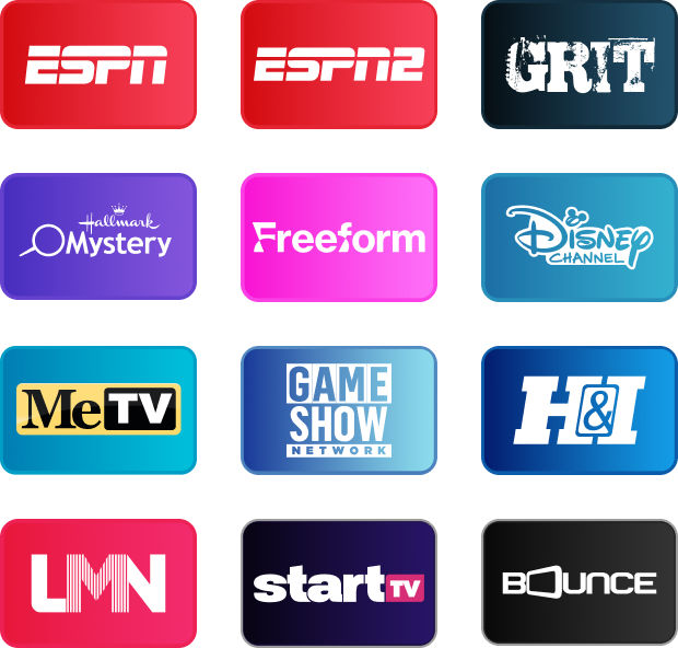 ESPN, ESPN2, Grit, Hallmark Mystery, Freeform, Disney Channel, MeTV, Game Show Network, Heroes & Icons, LMN, StartTV, and Bounce.