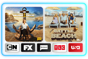 Promotional graphic for Below Deck Mediterranean and Battle on the Beach with logos for Cartoon Network, FX, Bravo, TLC, and USA Network