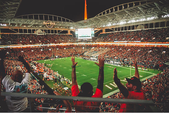 Cheering football fans overlooking a packed stadium.