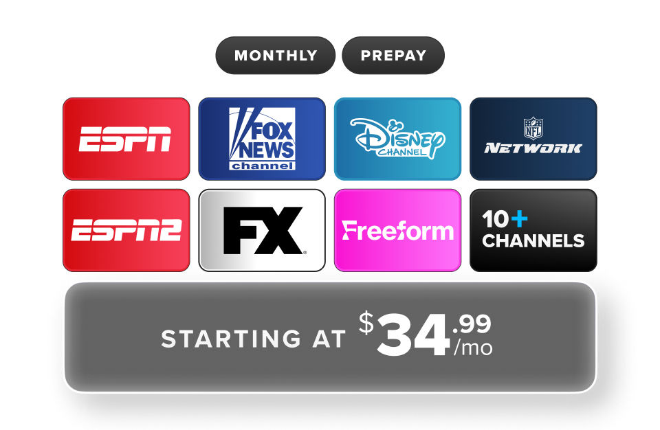 Sling Blue Starting at $45.99/month.  Channels on Sling Blue include FOX News, MSNOW, CNN, USA, NFL Network, Bravo, TLC, and FX.