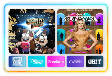 Promotional graphic for Gravity Falls and Project Runway with channel logos for Game Show Network, Disney Channel, Freeform, Hallmark, and Grit