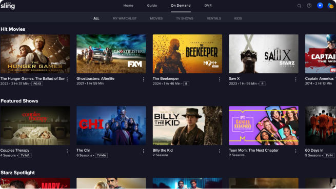On demand titles in the Sling app