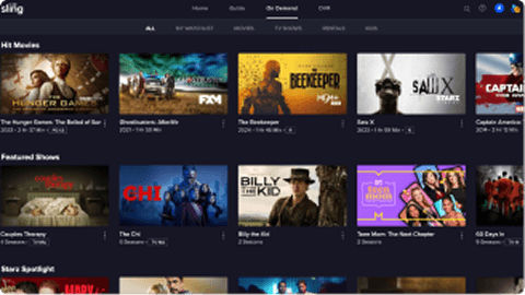 Sling On Demand screen showing categories like Hit Movies and Featured Shows, featuring titles like The Beekeeper and Teen Mom.