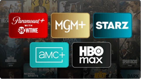 Premium channel logos including Paramount+ with Showtime, MGM+, STARZ, AMC+, and HBO Max.