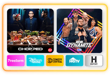 Promotional banner for Chopped and AEW Dynamite with channel logos for Freeform, Disney Channel, Comedy Central, HGTV, and History