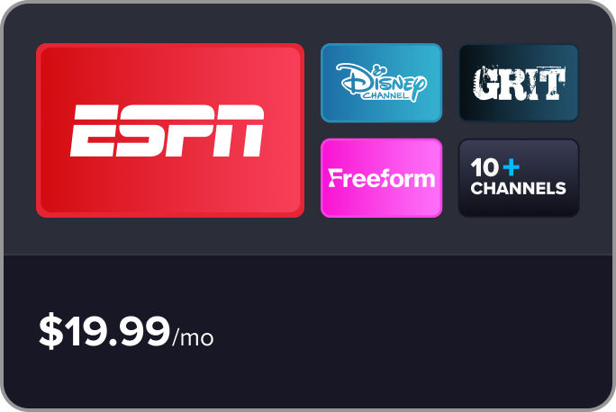 Sling Essentials plan card featuring ESPN, Disney Channel, Freeform, and Grit for $19.99/mo