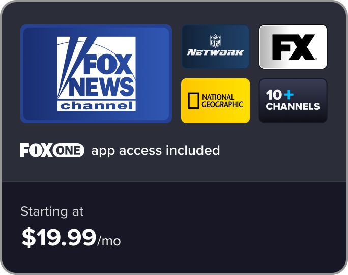 Sling Select plan card including Fox One app access with Fox News, NFL Network, FX, and National Geographic, starting at $19.99/mo