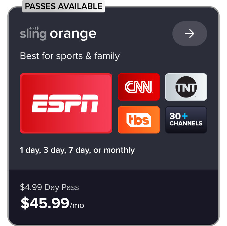 Sling plan card featuring ESPN, CNN, TNT, TBS, and 30 plus channels with 1 day, 3 day, 7 day, or monthly rates from $45.99/mo
