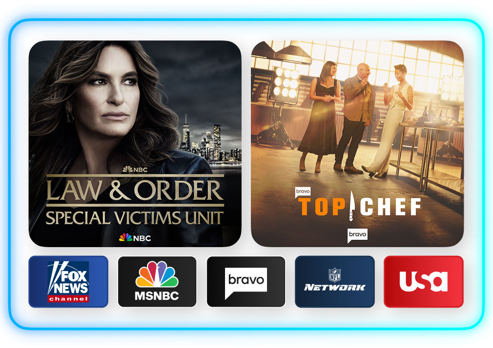 Channels on Sling Blue include FOX News, MSNBC, Bravo, NFL Network, USA
