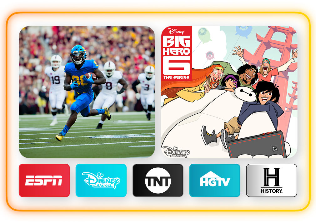 Channels on Sling Orange include ESPN, Disney Channel, TNT, HGTV, History Channel