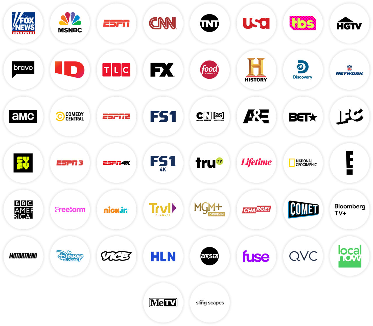 Fox News, MSNBC, ESPN, CNN, TNT, USA, TBS, HGTV, Bravo, Investigation Discovery, TLC, FX, Food Network, History Channel, Discovery Channel, NFL Network, AMC, Comedy Central, ESPN2, FS1, Cartoon Network (Adult Swim), A&E, BET, IFC, SYFY, ESPN3, ESPN4K, FS14K, Tru TV, Lifetime, National Geographic, E!, BBC America, Freeform, Nick Jr., Travel Channel, MGM+ Drive In, Charge!, Comet, Bloomberg TV+, Motortrend, Disney Channel, Vice, HLN, AXS TV, Fuse, QVC, Local Now, MeTV, Slingscapes