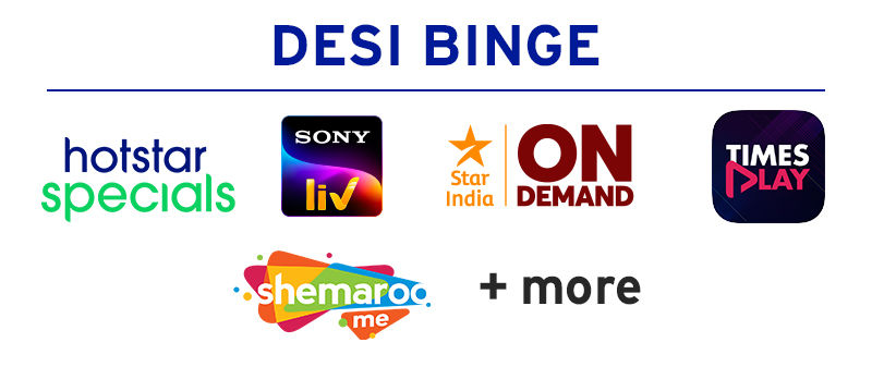 Desi binge includes Hotstar Specials, SonyLIV, Star India On Demand, Shemaroo Me TV, and Times Play.