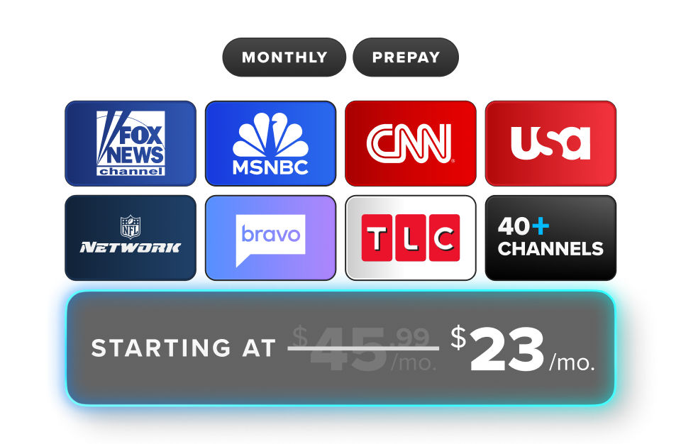 Channels on Sling Blue include FOX News, MSNBC, CNN, USA, NFL Network, Bravo, TLC, and FX. HALF OFF your first month!