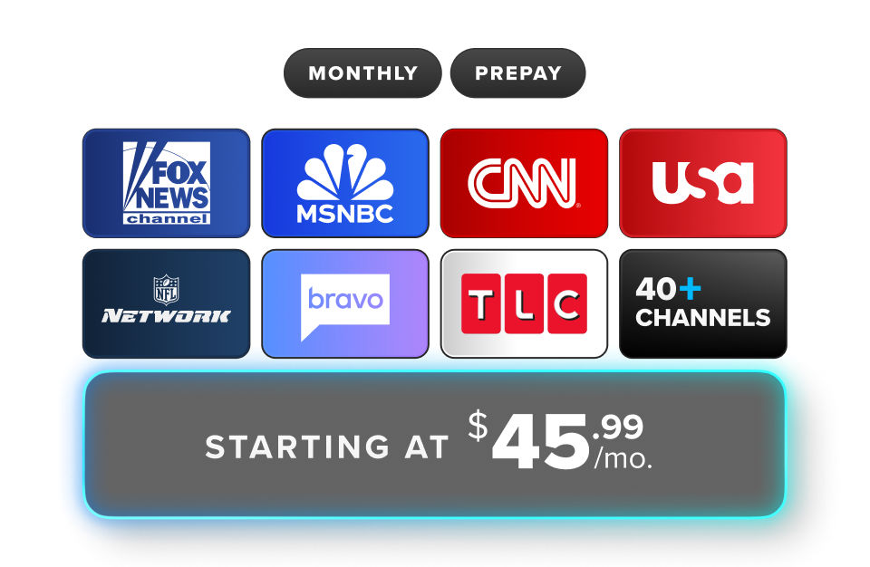 Sling Blue Starting at $45.99/month.  Channels on Sling Blue include FOX News, MSNBC, CNN, USA, NFL Network, Bravo, TLC, and FX.