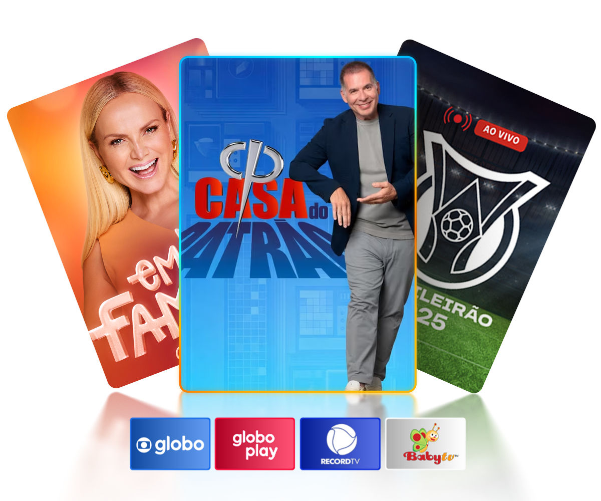 Pacote de TV brasileira com futebol, programas de variedades e logotipos dos canais Globo e RecordTV.