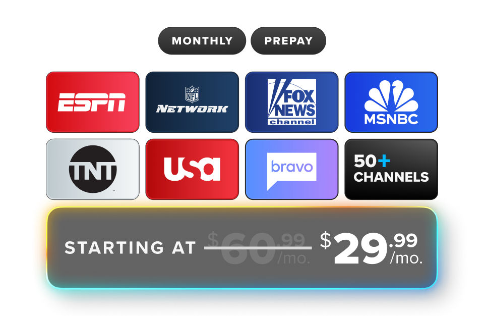Orange and Blue channels include ESPN, NFL Network, MSNBC, TNT, USA, Bravo, History Channel, and more — HALF OFF your first month!