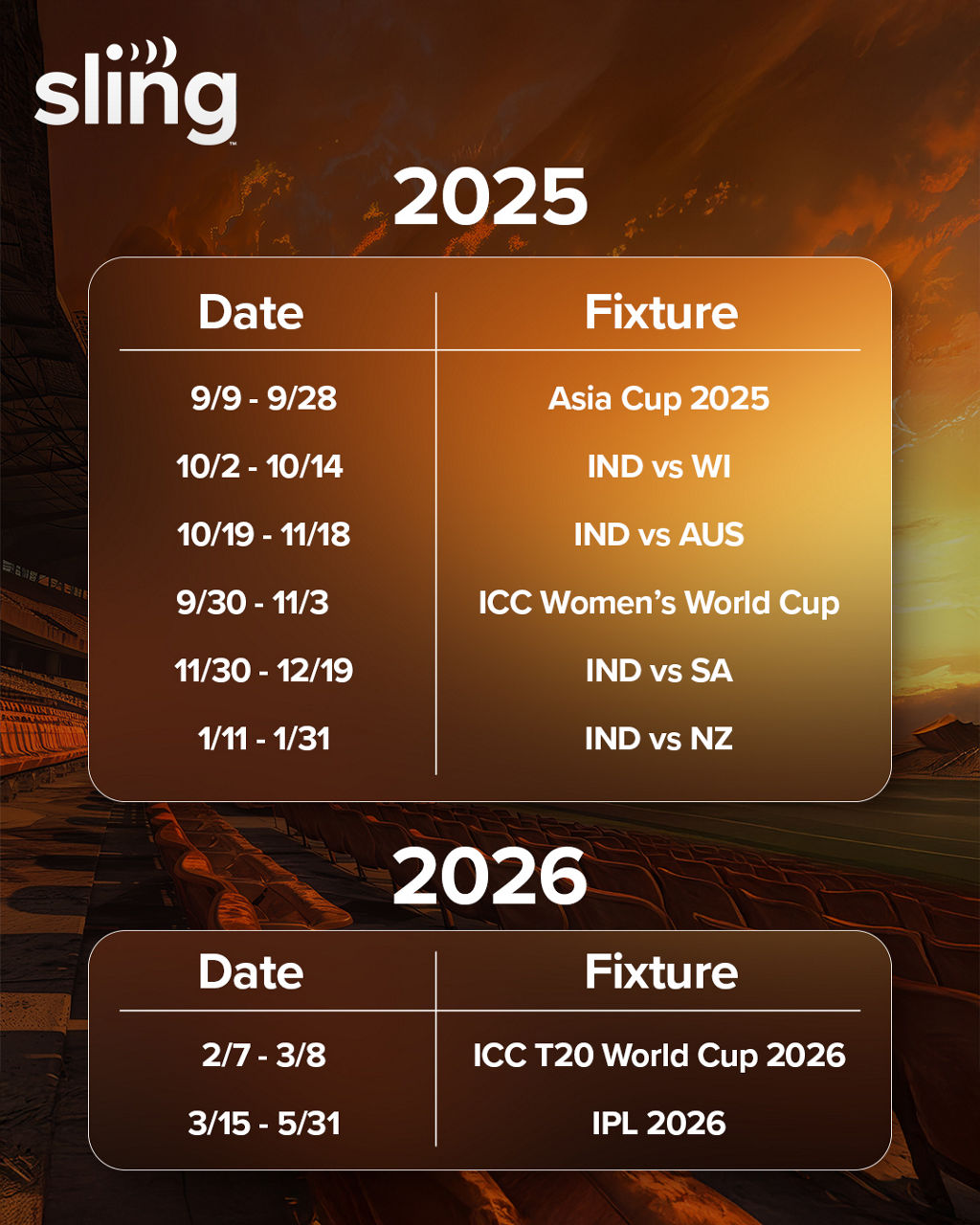 2025-2026 Cricket Schedule