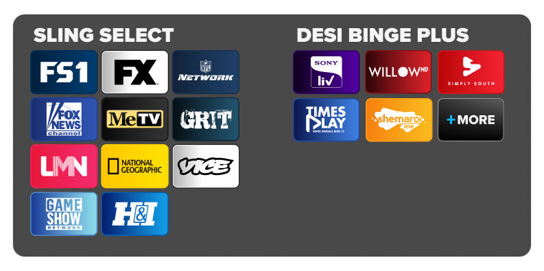 Channel package grid comparing the US sports and entertainment lineup of 'Sling Select' with the South Asian entertainment lineup of 'Desi Binge Plus'.