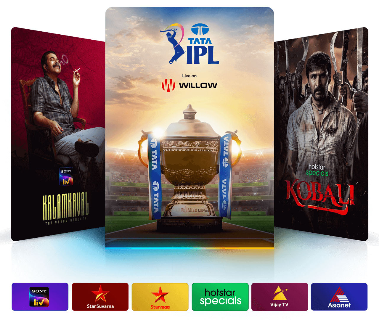 Dakshin Mega programs include Kalamkaval, Indian Premier League cricket, and Kobali.
