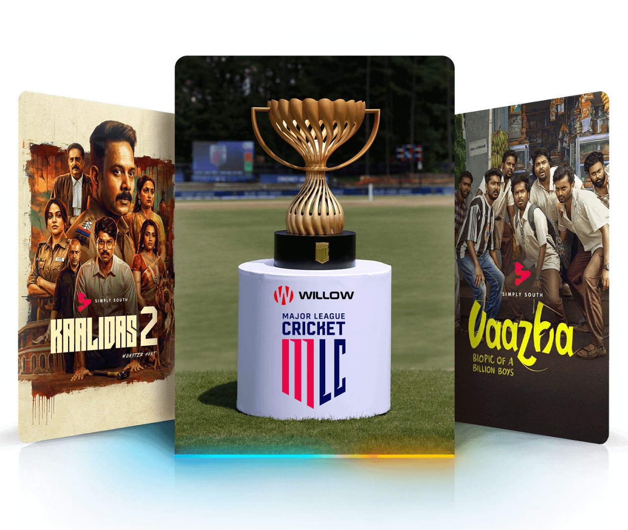 South Asian entertainment cards featuring Kaalidas 2, Willow TV's Major League Cricket, and Vaazha.