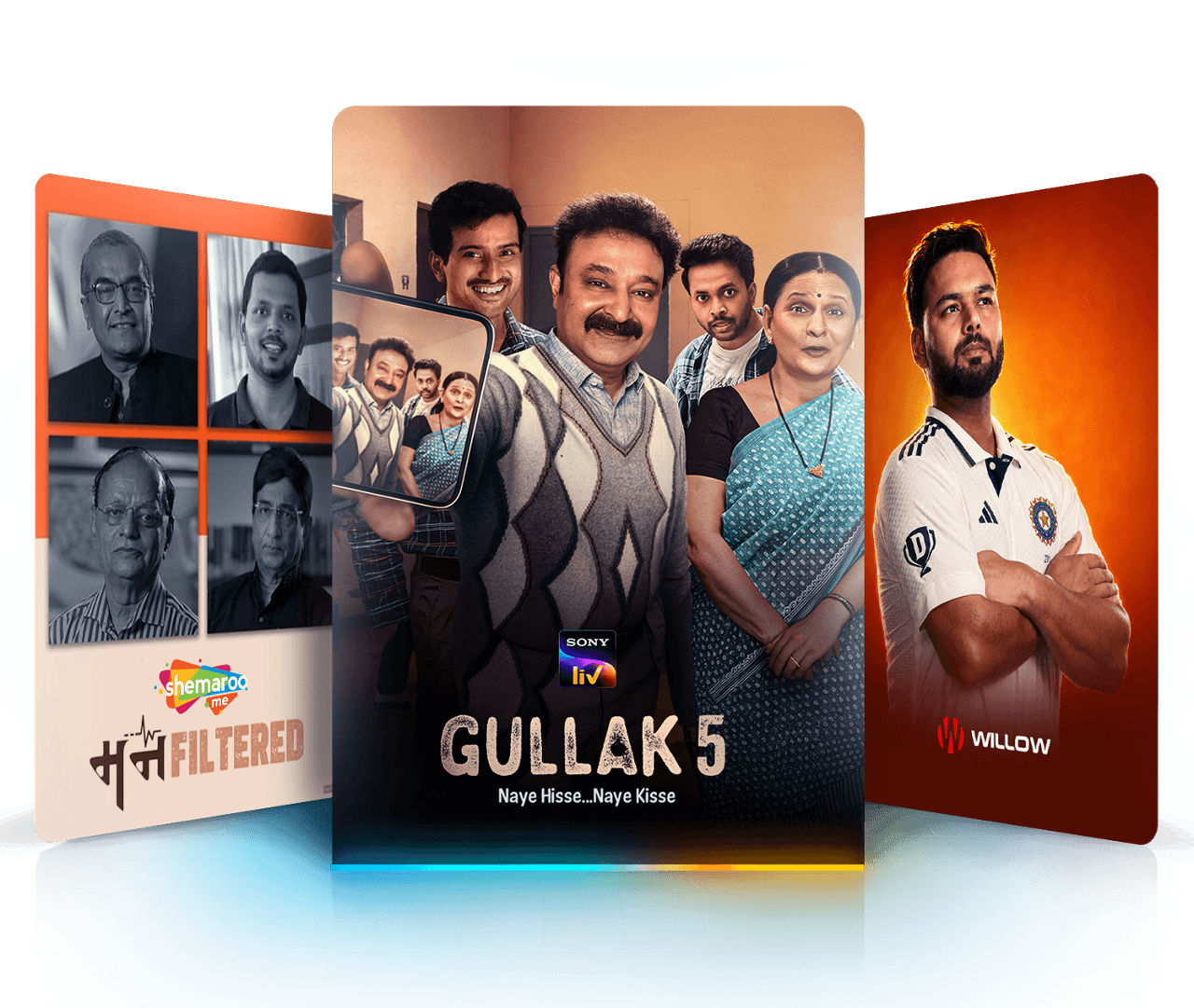 South Asian programming cards featuring Gullak Season 5 on Sony LIV, Unfiltered on ShemarooMe, and live cricket on Willow TV.
