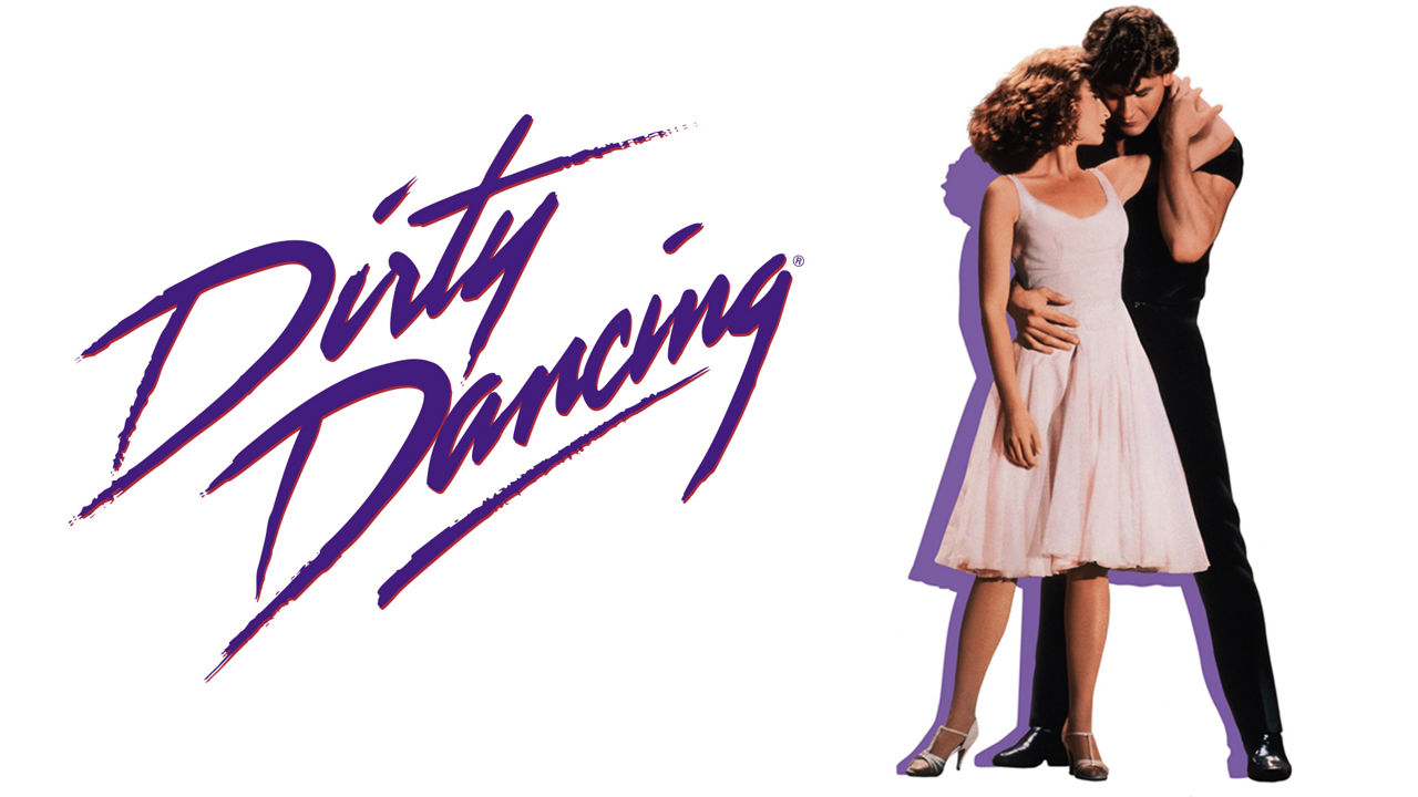 Dirty Dancing movie title in purple script and an image of characters Johnny and Baby in a dance embrace.