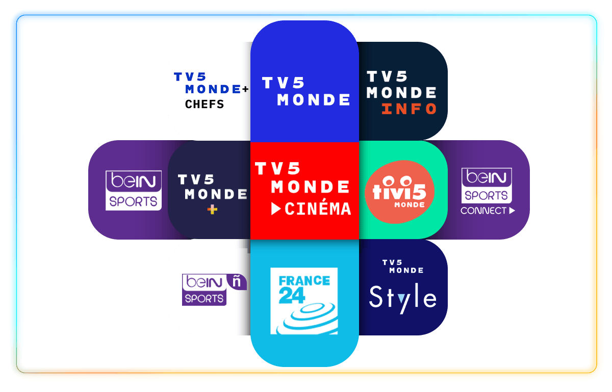 Live and On Demand French channels including TV5 Monde, France 24, bein Sports, and more
