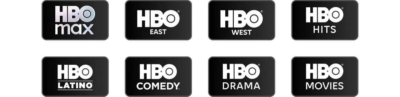 HBO Max, HBO East, HBO West, HBO Hits, HBO Latino, HBO Comedy, HBO Drama, HBO Movies logos.