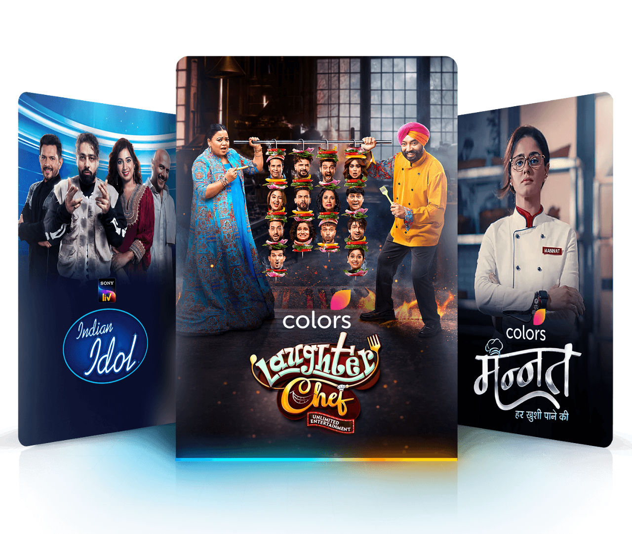 Popular Hindi television show cards including Indian Idol, Laughter Chef, and Mannat.