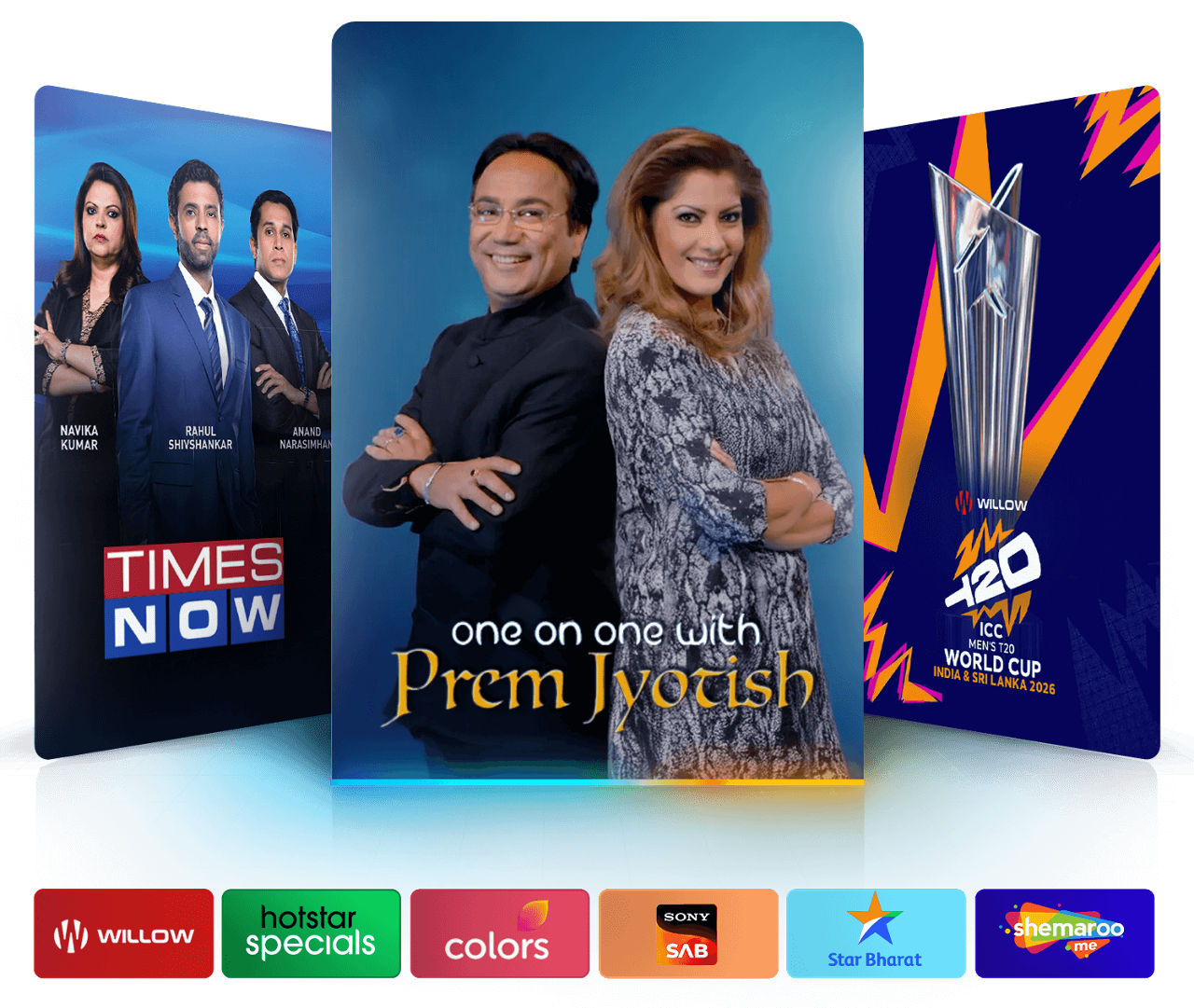Hindi Mega shows like Times Now, One on One with Prem Jyotish, and the ICC Men's T20 World Cup.