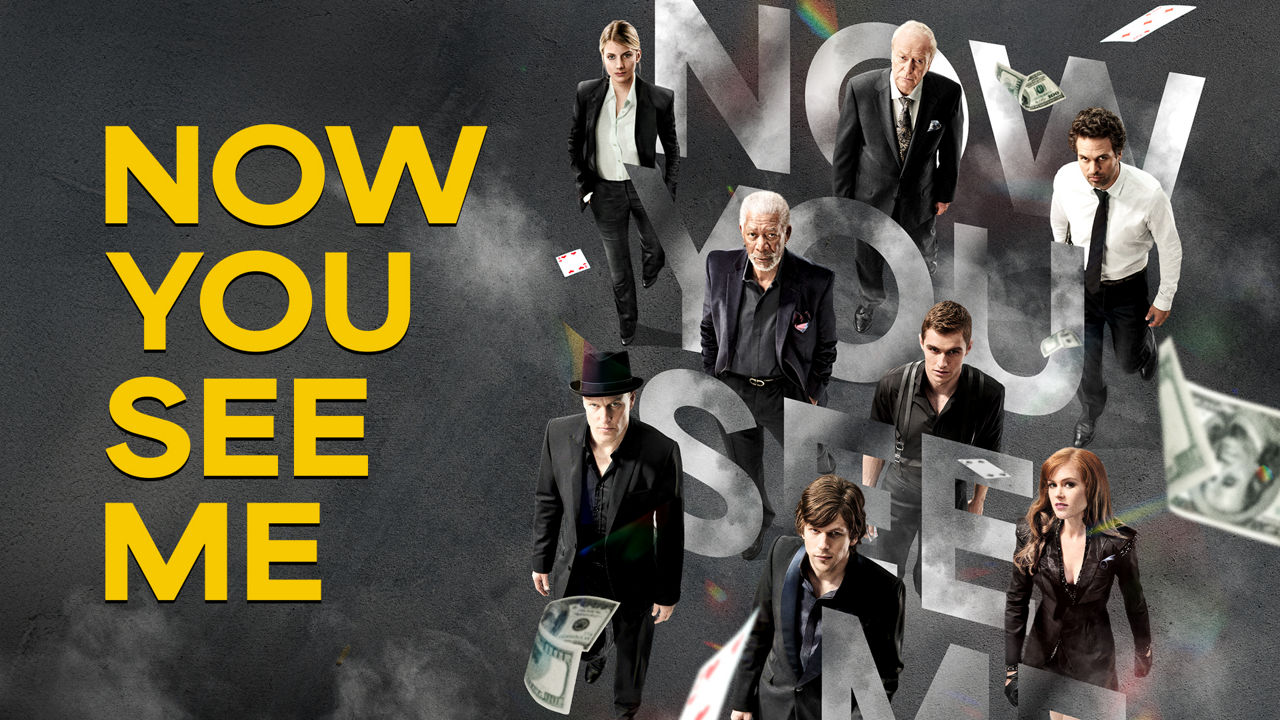 Promotional poster for the movie Now You See Me featuring the main cast and falling playing cards.