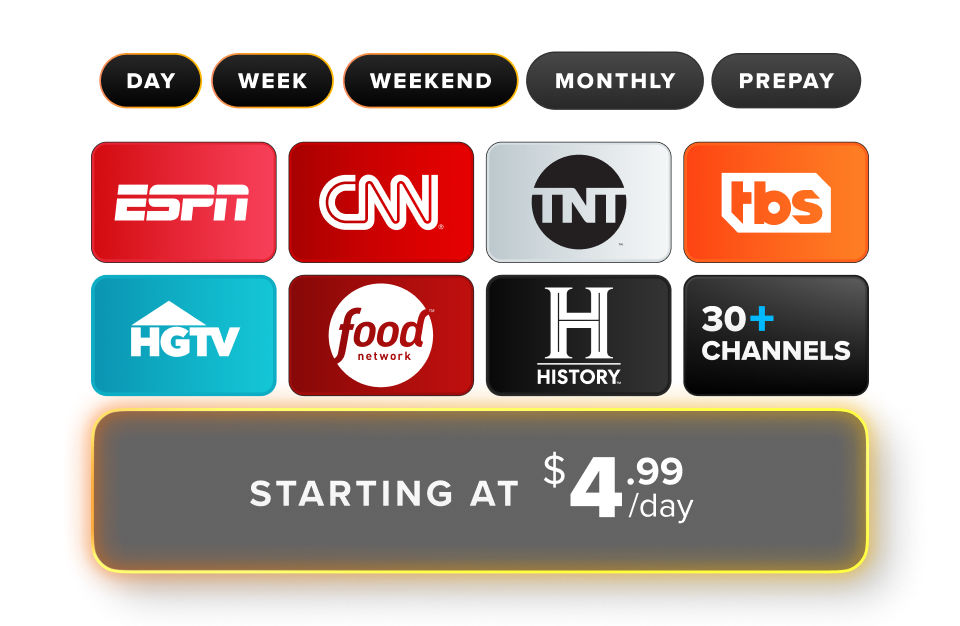 Passes include Day, Week, Weekend, Monthly, Prepay. Sling Orange. Channels include ESPN, CNN, TNT, TBD, History Channel, Food Network, HGTV,Disney Channel, and more.