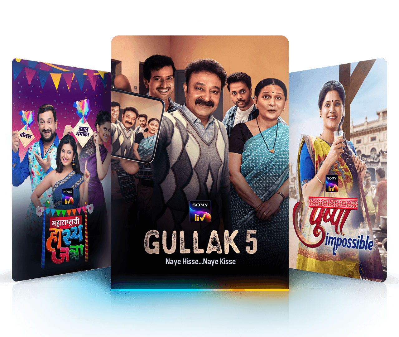 Sony LIV show cards featuring Maharashtrachi Hasya Jatra, Gullak Season 5, and Pushpa Impossible.