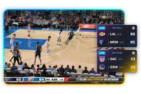 Two teams are playing basketball and two smaller overlaid windows show game scores.