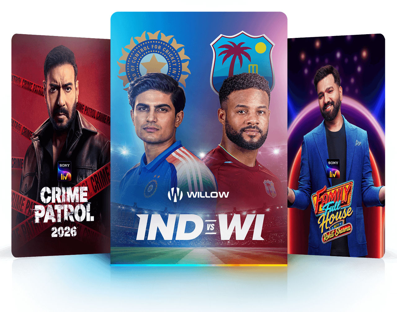 Featured titles: Crime Patrol 2026, IND vs WI cricket, and Family Full House.