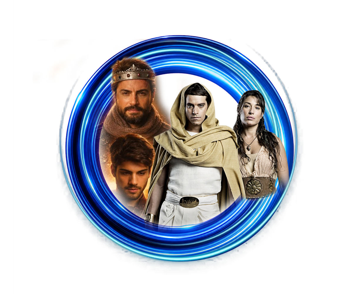 Quatro atores em trajes de época bíblica emoldurados por um anel circular azul brilhante em fundo branco.