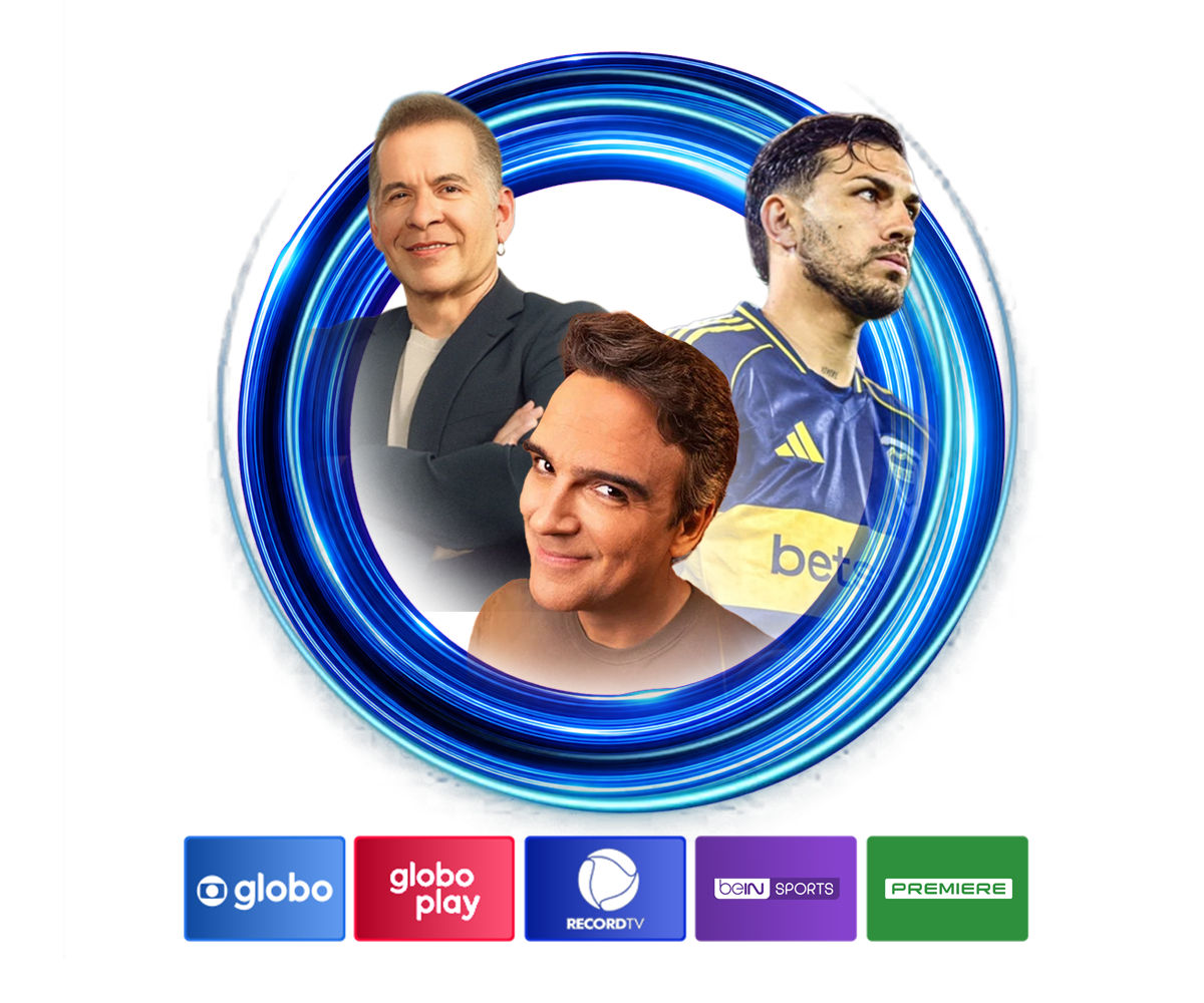 Três apresentadores e atletas em moldura azul circular sobre logotipos dos canais Globo, Globoplay, RecordTV, beIN Sports e Premiere em fundo branco.